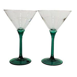 2 Libbey Domaine Martini Glasses 7" Gin drinks green Art Deco cocktail party
